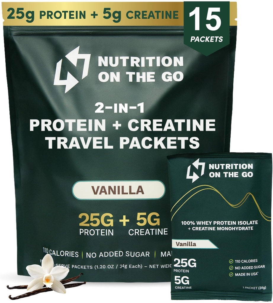 Nutrition On Go Whey Protein Isolere pakker med Creatin - 25g Protein + 5g Creatin - Single-Serve Travel Protein Powder - Vanilla (15 - Pack)