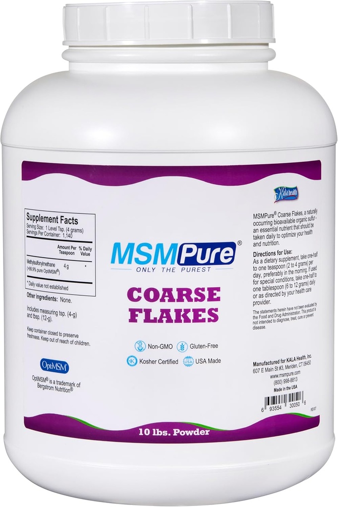 KALA Health MSMPure Coass MSM Powder Flakes - US- Made MSM for fælles sundhed, hud udseende, og hår & negle støtte - 10 LB, Økologisk svovl