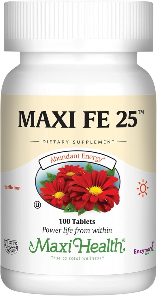 Maxi Health Iron Supplement for kvinder & mænd - Gentle Iron 25 mg til Mavesammensætning - Ikke nedbrydende * piller - Kosher - Ikke GMO - Vegetarisk (100 tabletter)