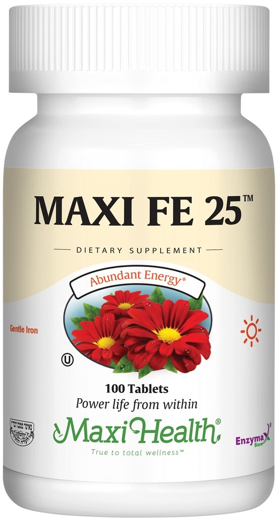 Maxi Health Iron Supplement for kvinder & mænd - Gentle Iron 25 mg til Mavesammensætning - Ikke nedbrydende * piller - Kosher - Ikke GMO - Vegetarisk (100 tabletter)
