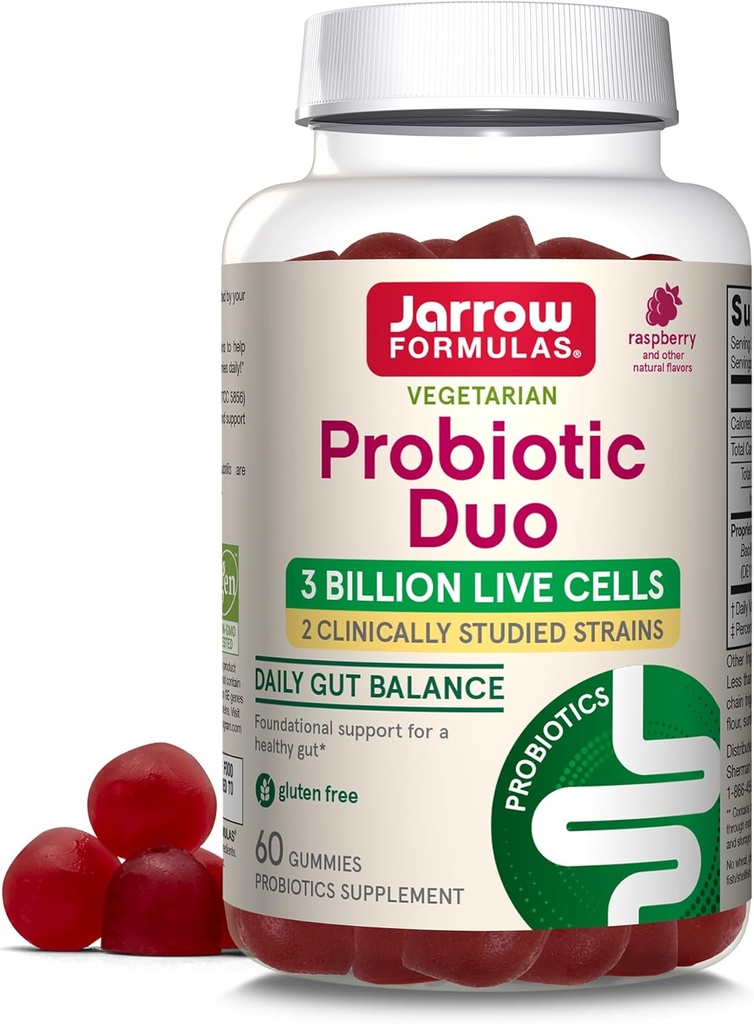 Jarrow Formulas ® Probiotic Duo, 3 Millioner levende celler supplement til immunforsvar og fordøjelsesstøtte, 60 Raspberry Flavor Probiotic Gumies, 30 dages forsyning