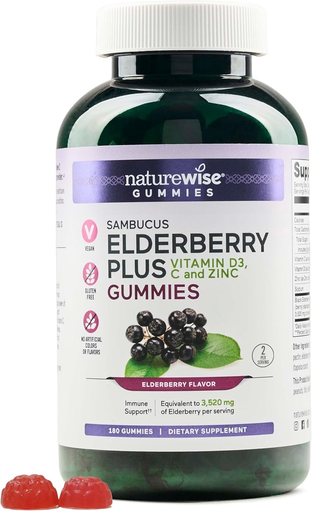 NatureWise Sambucus Elderberry Gummies - Immunsupport for børn i alderen 4 + & Voksne med C-vitamin, D3, Zink - Elderberries svarende til 3520mg - Vegan, ikke-GMO - 180 Greve [90- Day Supply]