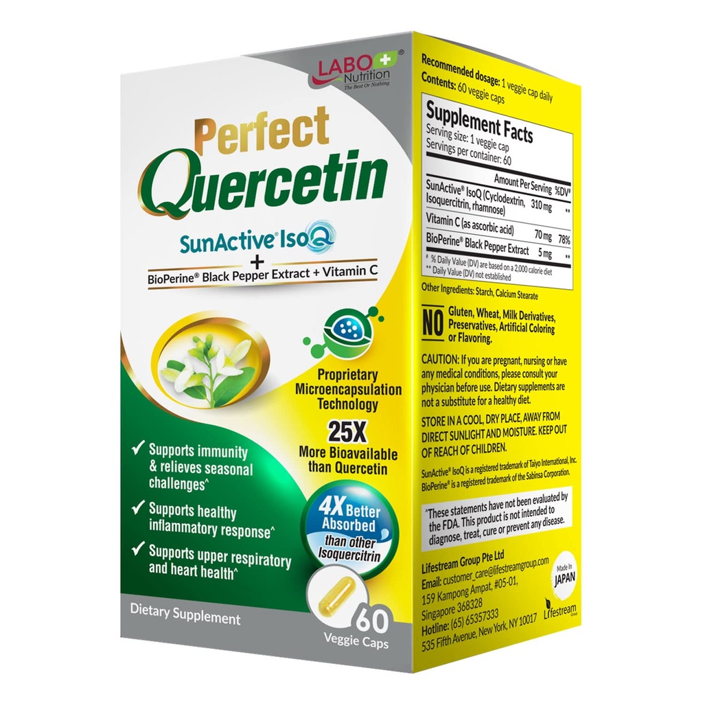 Labo Nutrition Perfect Quercetin SunActive IsoQ Bioflavonoider, C-vitamin, 25x mere biotilgængelig, for immunforsvar, allergi, Sinus Relief, og cardiovaskulær support - sund inflammation respons - 60 'erne