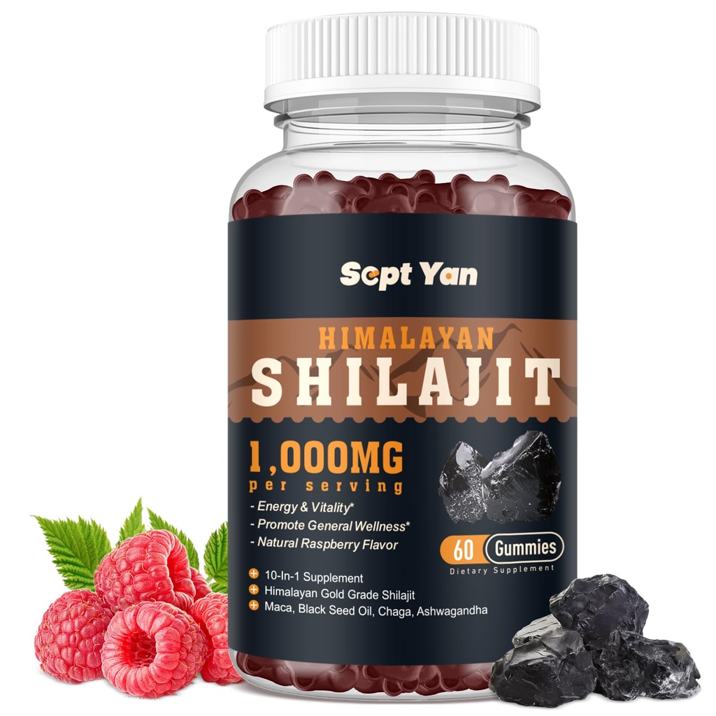 Shilajit Gummies 1000mg - Shilajit Pure Himalayan Organic for Mænd & Kvinder 85 + Trace Minerals Shilajit Resin med Ashwagandha, Maca, Black Seed Oil - Energy, Brain, Immunitet, Sukker Free Raspberry 60ct