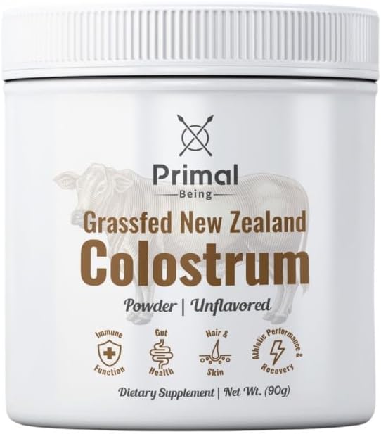 Primal Being Grassfed Beef Colostrum - Understøtter immunfunktion, Gut sundhed, hår, Anti- Aging, Atletisk ydeevne, Inddrivelse - 90 Grams unflavored Powder, 3000 mg pr Servering