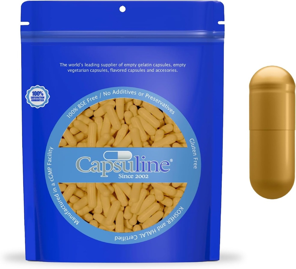 Capsulin Størrelse 0 - Farvede guld tomme Gelatine kapsler - 500 Greve - Tomme Gel Pille kapsler - DIY Pure Bovine Pille Kapsler Fyldning - Tomme Caps - Kosher og Halal Certified