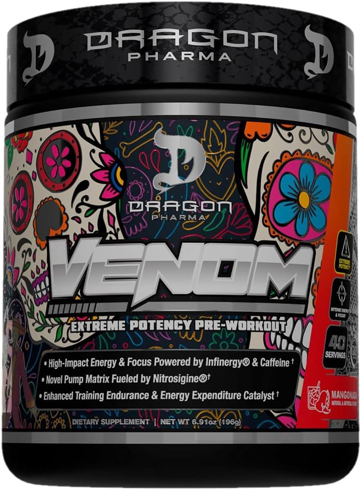 DRAGON PHARMA Venom Extreme Potency Pre- Workout, Laser Sharp Focus + Energy, Intense Performance, Proven Ingredienser til forbedret vasodilation & Endurance (40 Servere, Mangonada)