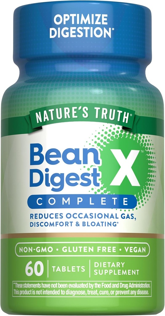 Nature 's Truth Diguestive Enzymes against 124; 60 Pills against 124; Bean Digest Measures 124; Vegan, Non- GMO & Gluten Free Supplement