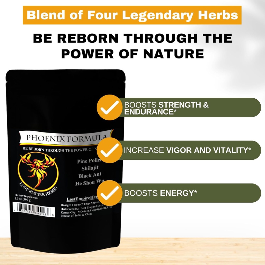Phoenix Rejuvenation Formula - Lost Empire Herbs Energy Blend of 4 Top Natural Health Herbs Pine Pollen, He Shou Wu, Ant, and Shilajit (100g Powder)