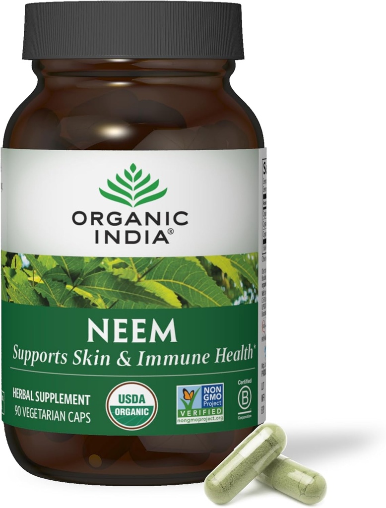 ORGANISK INDIA Neem Leaf kapsler - Urtetilskud, understøtter hud og immunforsvar, Vegan, Gluten Free, USDA Certified Organic - 90 Greve