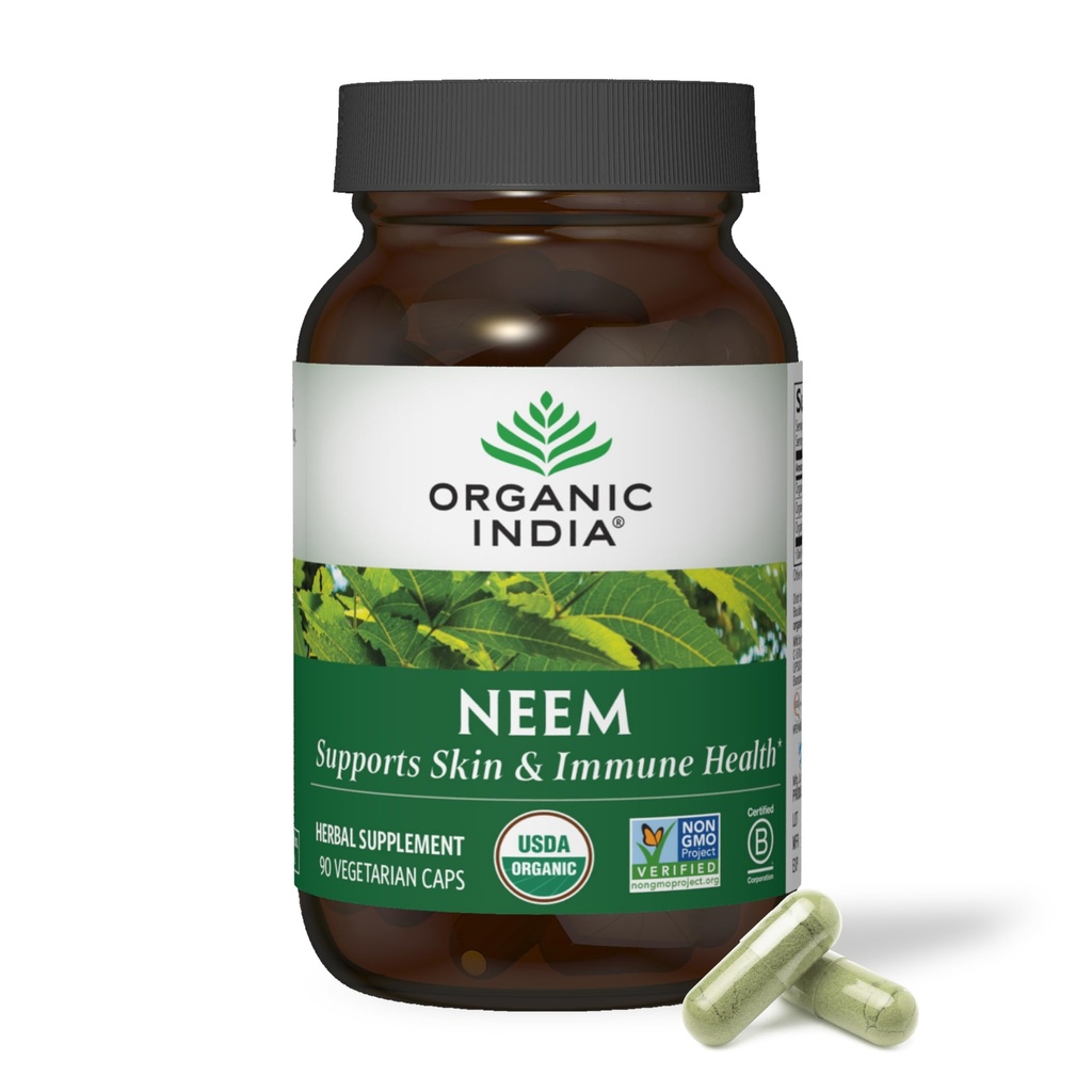 ORGANISK INDIA Neem Leaf kapsler - Urtetilskud, understøtter hud og immunforsvar, Vegan, Gluten Free, USDA Certified Organic - 90 Greve