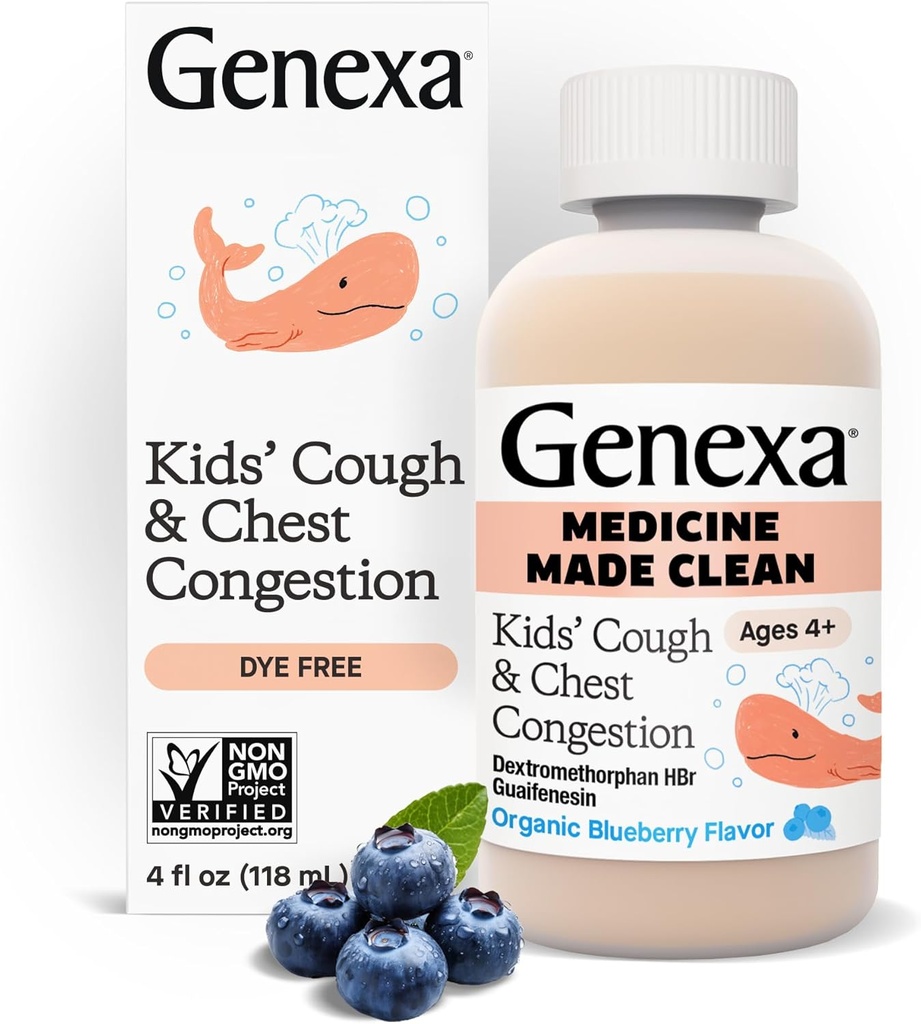 Genexa Kids 'Clean Hough & Chest Congestion Medicine, Dye Free, 0% kunstige tilsætningsstoffer, Multi- symptom Hough Syrup for Kids 4- 11, Host suppressant & Expectorant, Organic Blueberry Flavor, 4 fl oz