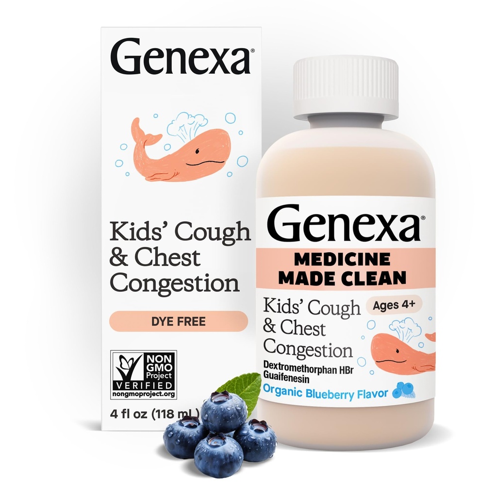 Genexa Kids 'Clean Hough & Chest Congestion Medicine, Dye Free, 0% kunstige tilsætningsstoffer, Multi- symptom Hough Syrup for Kids 4- 11, Host suppressant & Expectorant, Organic Blueberry Flavor, 4 fl oz