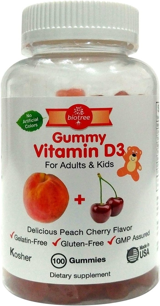Bio Tree Labs Vitamin D Gummy Bears - Pack på 100, for voksne & Kids Name 124; Peach & Cherry Flavored Chewable Vitamin D3