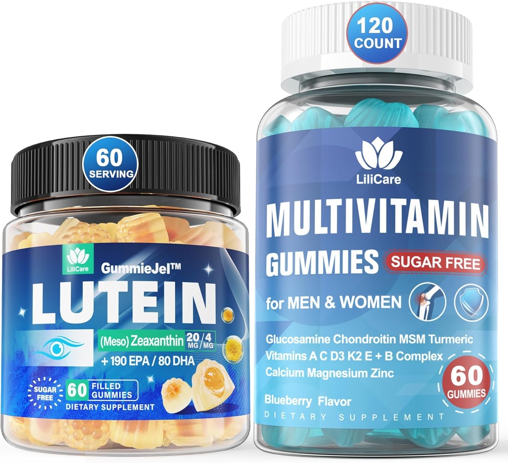 Sugar Free Lutein 20mg Zeaxanthin Eye Vitamin fyldt med EPA 190mg & DHA 80mg + Multivitamin med Glucosamin Chondroitin MSM til immunforsvar, Mænd & Kvinder - (pakke med 2)