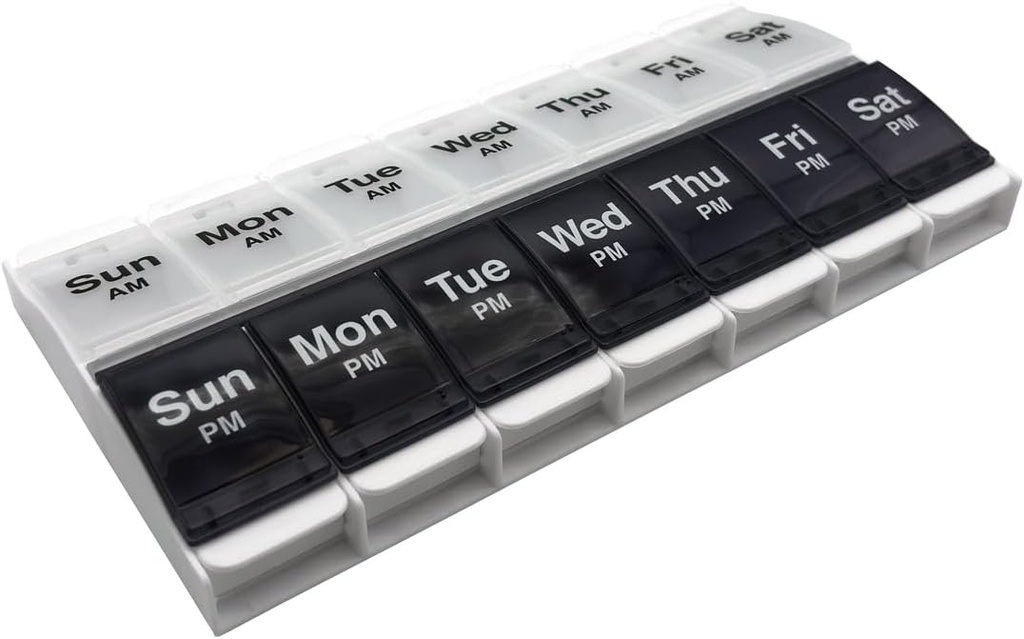EZY DOSE trykknap (7-dag) Pill Case, Medicine Planner, Vitamin Organizer, 2 gange om dagen AM / PM Container, X- store kompartmenter, Gigt Friendly, Efformless Open, Clear Lids, Blue / White, BPA Free