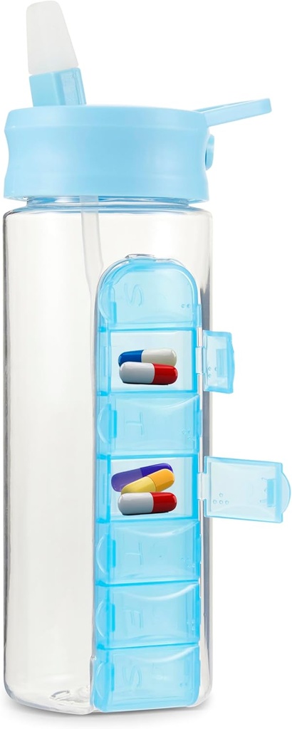 MARS WELLENess 24 Ounce vand flaske med Slideout Pill Box, Daglig Organizer - 7 dages medicinholder, Easy Glide Out Pill Container, Popup Straw for Hydration