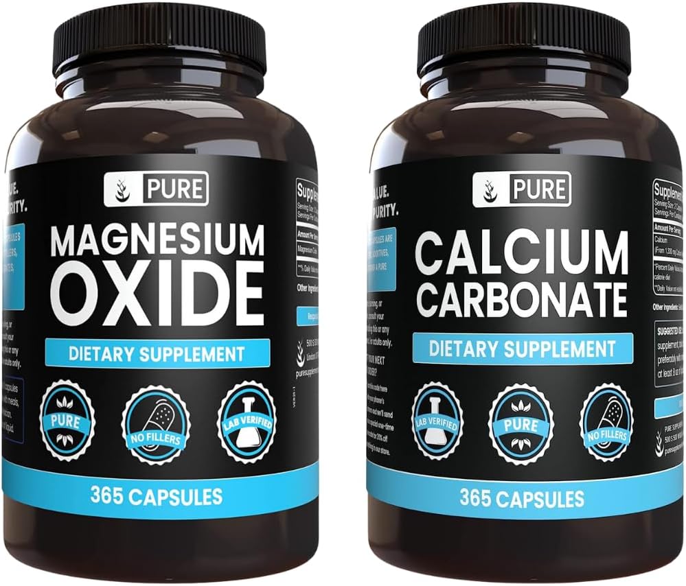 Pure Original Ingredienser Calcium Carbonat og Magnesium Oxide Bundle, 365 Kapsler Hver, Ingen Fyldere, Alwasy Pure