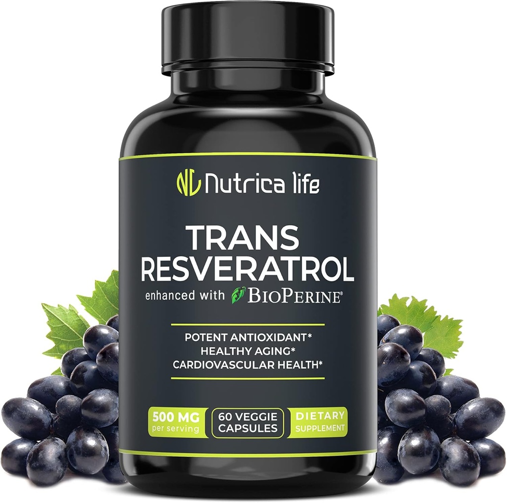 Trans Resveratrol Supplement 500mg Potent Anti Aging Formula, Powerful Antioxidant for Heart & Cellular Health, Brain Booster Supplements with Bioperine, 60 Vegan Caps