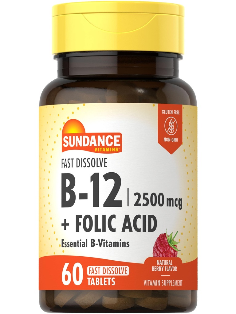 Sundance Fast Opløs vitamin B-12-124; med folinsyre • 124; 2500mcg • 124; 60 Greve • 124; Natural Berry Flavor • 124; Vegetar, ikke-GMO og Gluten Free Supplement