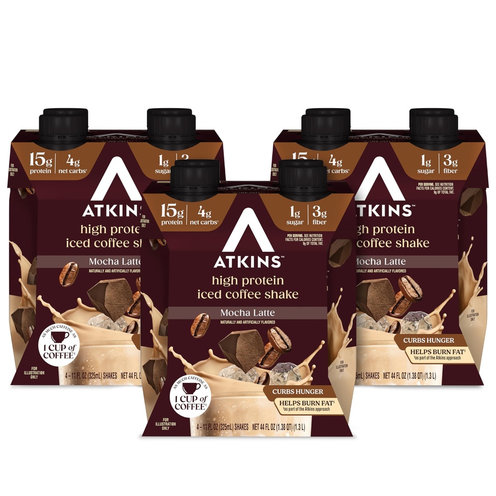 Atkins Mocha Latte Iced Coffee Flavored Protein Shake, High Protein, Low Glycemic, Low Carb og Low Sugar Shakes, Keto- Friendly, 12 Pack