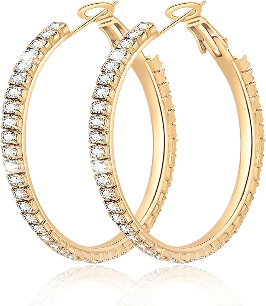 Stor stor 925 Sterling Sølv Hoop Øreringe til kvinder Pave Crystal 14k forgyldt Gold Hoops Earring til kvinder Thin Sparkly Cubic Zirconia Erklæring Rhinestone smykker ikke tarnish Hypoallergen