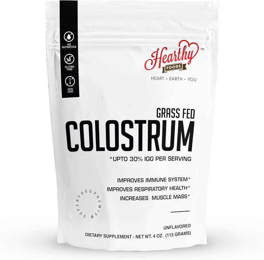 HEARTHY FØDEVARER Pure Bovine Colostrum Powder 4oz 113g - Upto 30% IGG, 22 Servere (5g per stikning), Leaky Gut Reparation Kosttilskud, Gut sundhed og immunforsvar; Grass- Fed Halal Non GMO, Gluten Free