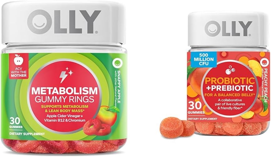 OLLY Metabolisme Gummy Ringe, Apple Cider Vingium, B12 Vitamin, Chrom & Probiotic + Prebiotic Gummy, fordøjelsesstøtte og Gut Sundhed, 500 Millioner CFU 'er, Fiber