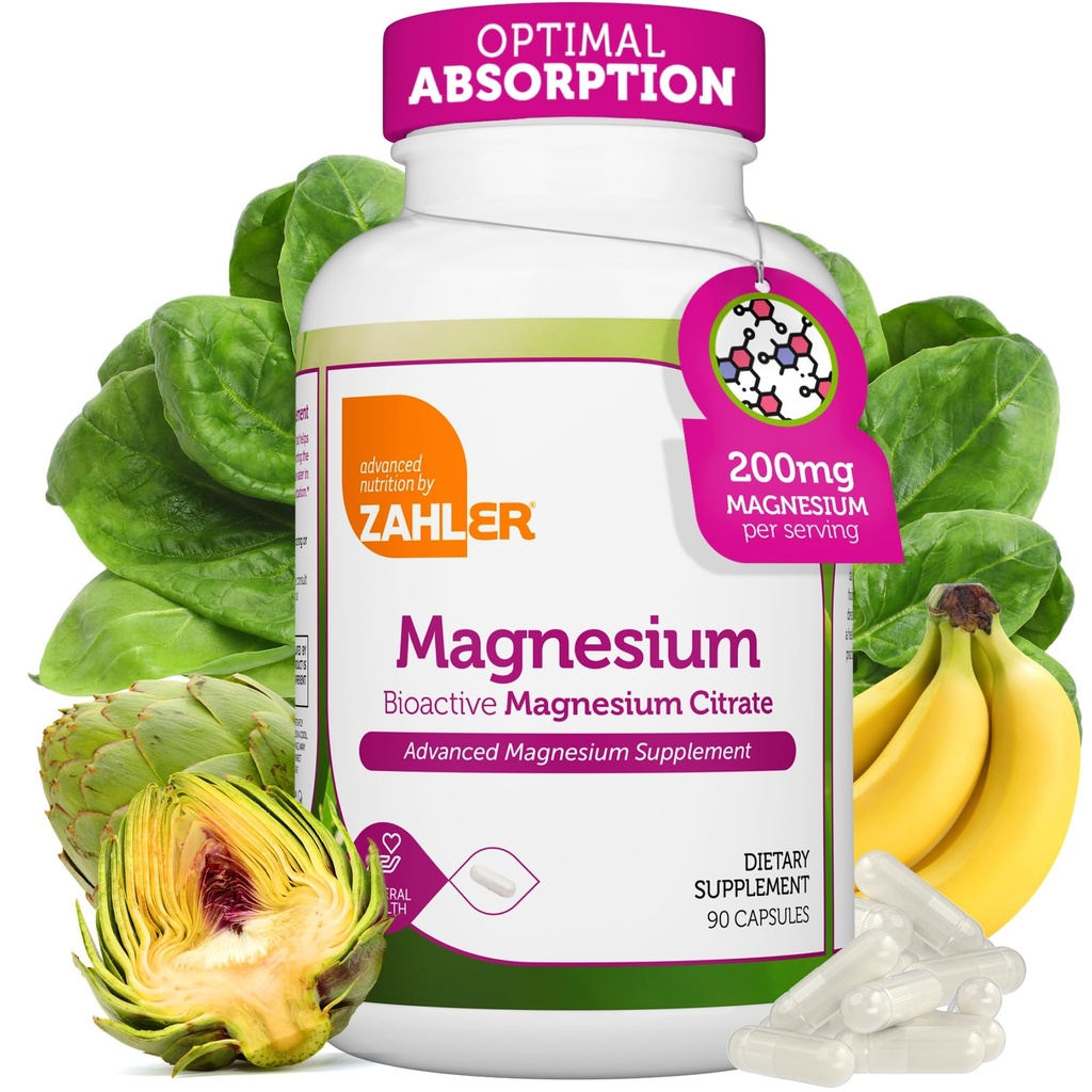 Zahler - Magnesiumtilskud Kapsler 200 mg (90 Tæl) Certificeret Kosher Bioactive Magnesium Citrate for Max Absorption - Natural Magnesium Mineral for mænd og kvinder - Bedste Magnesiumtilskud