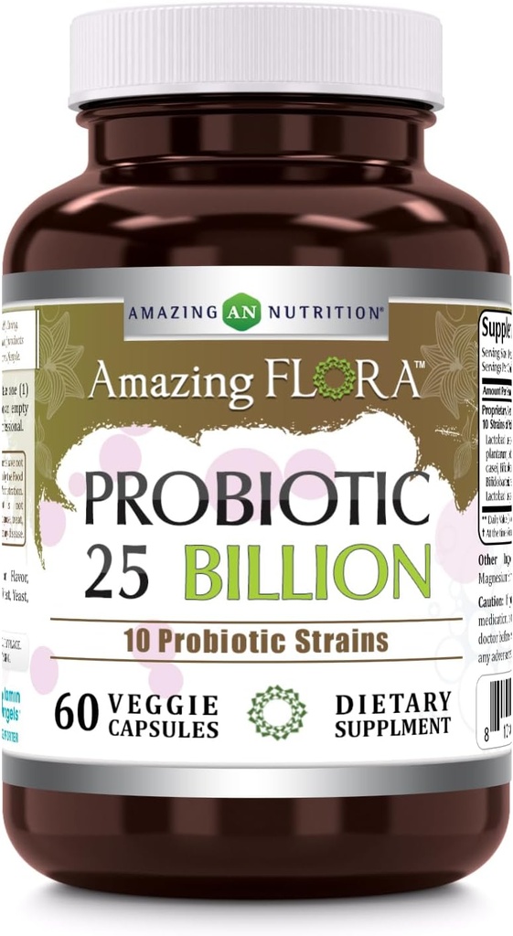 Amazing Flora Probiotic Supplement | 25 Billion-10 Strains | 60 Veggie Capsules | Non-GMO | Gluten-Free | Made in USA