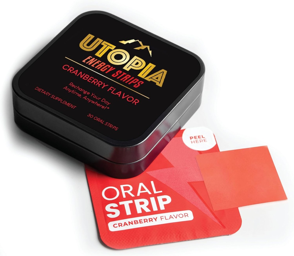 Energistriber med vitamin B12 & L Theanin, Natural 50mg koffein til energi Boost, Tranebær Flavor, Oral Strip (30 Greve)