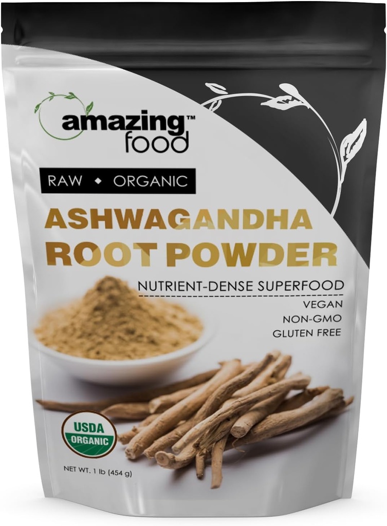 Amazing Food Ashwagandha Root Meap 124; 1 Lb Powder Measures 124; USDA Certified Organic Supplement Measures 124; Vegan Measures 124; Non-GMO Measures 124; Gluten Free Measures 124; Made in USA