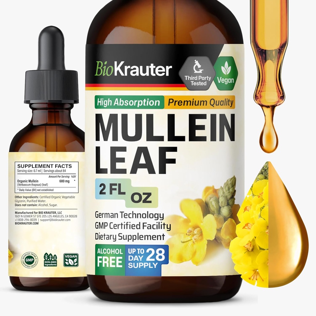 BIO KRAUTER Mullein Leaf Extract for Lungs 2 Fl. Oz - 28 dages levering - Pure Mullein Drops til Lung Cleanse & Detox - Vegansk Respiratory Supplements - Non-GMO, Ingen Sukker & Alkohol