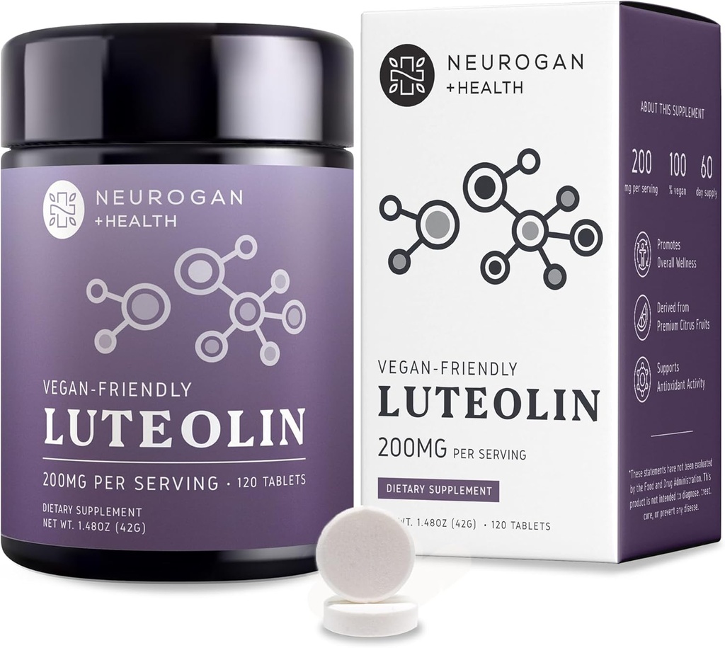 Neurogan Luteolin Supplement Tablets - 200 MG, 120 Ct - Natural Bioflavonoids Supplements for Cellular & Brain Health, Immune Support - Plant-Based Flavonoids, Polyphenols Supplement for Men & Women