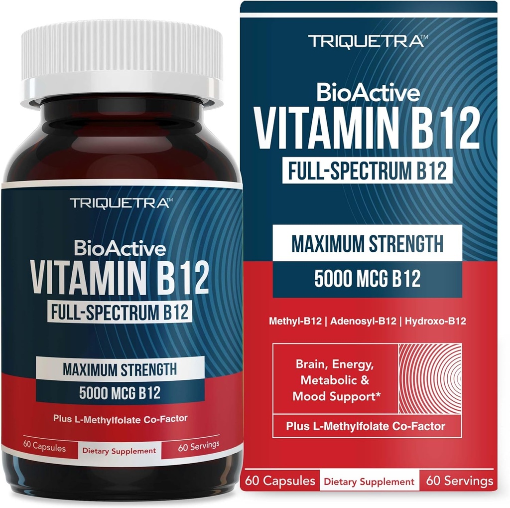 BioActive Vitamin B12 - 5000 mcg, Indeholder 3 BioActive Forms B12 Plus Methylfolfolat Cofaktor - Methyl B12, Adenosyl B12 & Hydroxy B12 Budd124; Understøtter energi, Metabolisme & Mood; Vegan, Non- GMO (60 Servering)