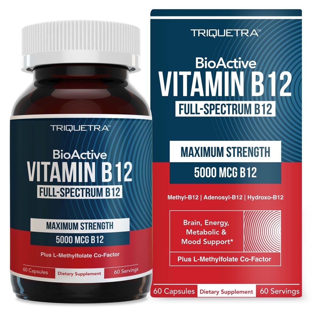 BioActive Vitamin B12 - 5000 mcg, Indeholder 3 BioActive Forms B12 Plus Methylfolfolat Cofaktor - Methyl B12, Adenosyl B12 & Hydroxy B12 Budd124; Understøtter energi, Metabolisme & Mood; Vegan, Non- GMO (60 Servering)