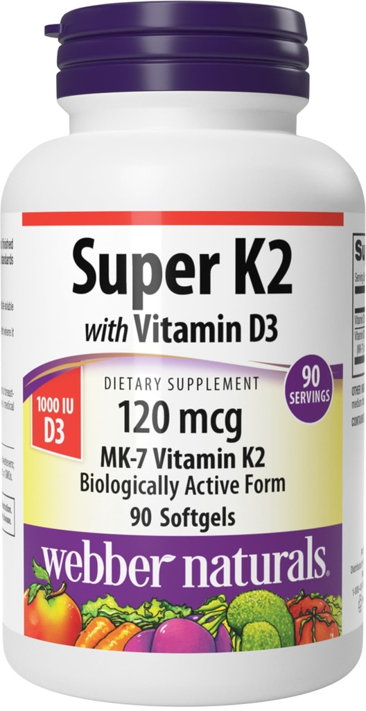 Webber Naturals Super Vitamin K2 MK- 7 120 mcg med vitamin D3, 90 Softgels, Understøtter knogler, tænder og hjerte-kar-system