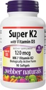 Webber Naturals Super Vitamin K2 MK- 7 120 mcg med vitamin D3, 90 Softgels, Understøtter knogler, tænder og hjerte-kar-system