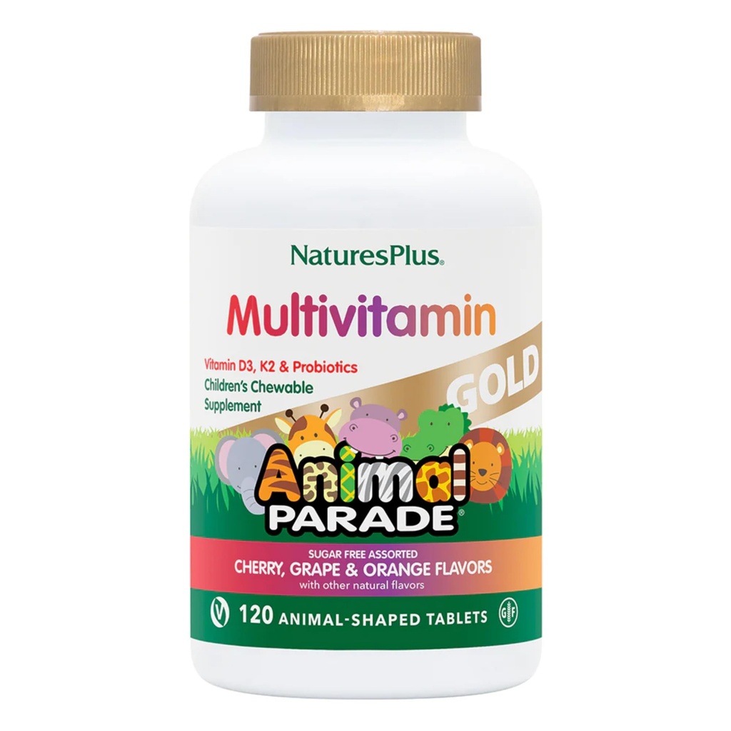Natures Plus Animal Parade Gold Children 's Multivitamin - 120 Animal- Shaphed Chewable Tablets - Assorted Cherry, Orange & Grape Flavors - Vegan, Gluten Free - 60 Total Servering
