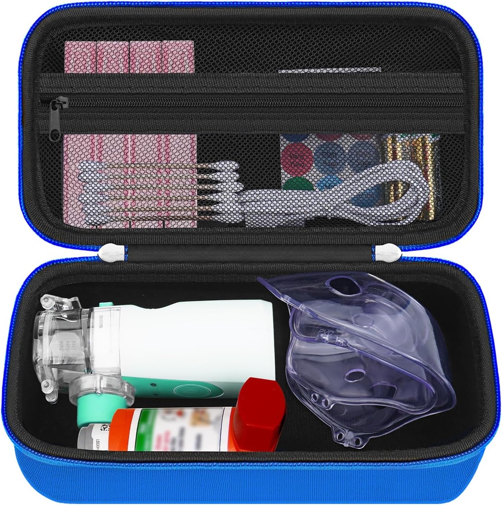 HESTECH Hard Travel Carrying Case for Astma Inhaler for Inhaler Spacer, Mask, Inhaler Holder Astma Bag med Mesh Pocket for Saline Solution og andre Essentials, Blå (sag kun)