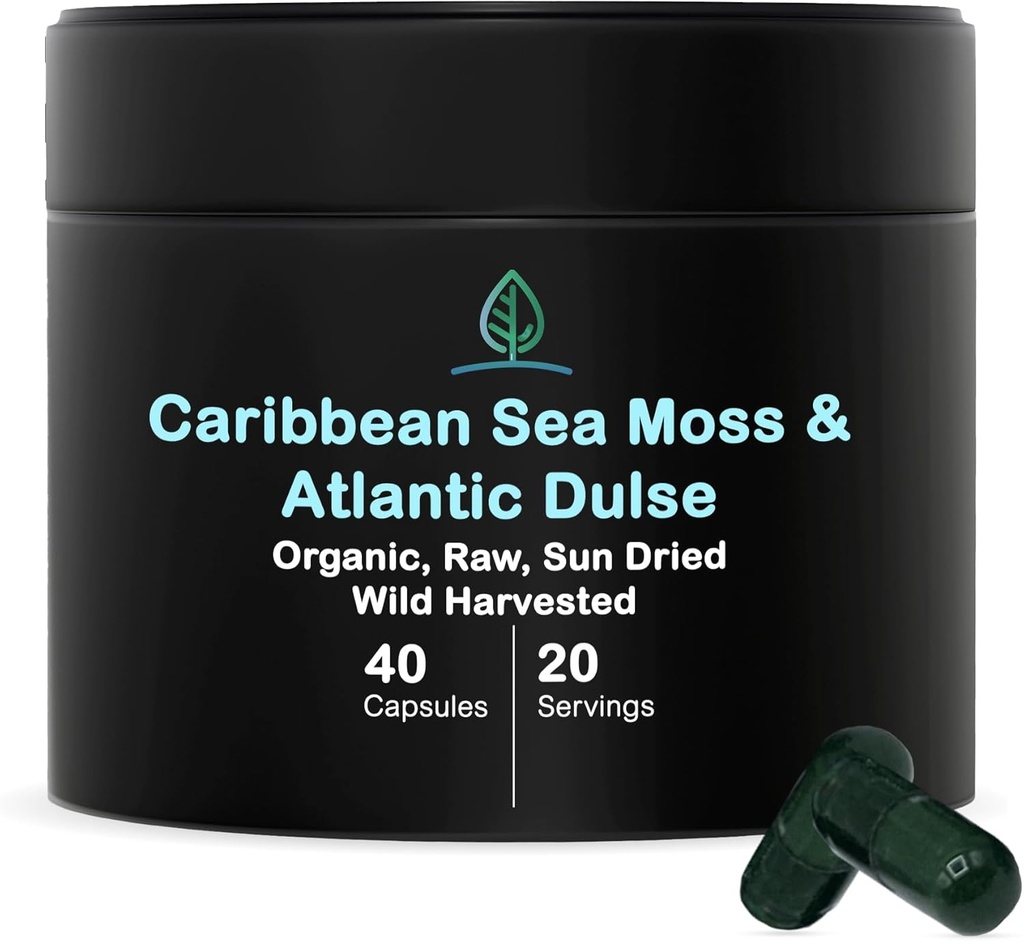 Holistisk Bin Organic Sea Moss Kapsler 100% Pure Caribbean Sea Moss + Dulse Seaweed Meap 124; Wild Harveed Meap 124; Ingen Fillers Mea124; Rig i antioxidanter, mineraler, og jod (40 Kapsler)