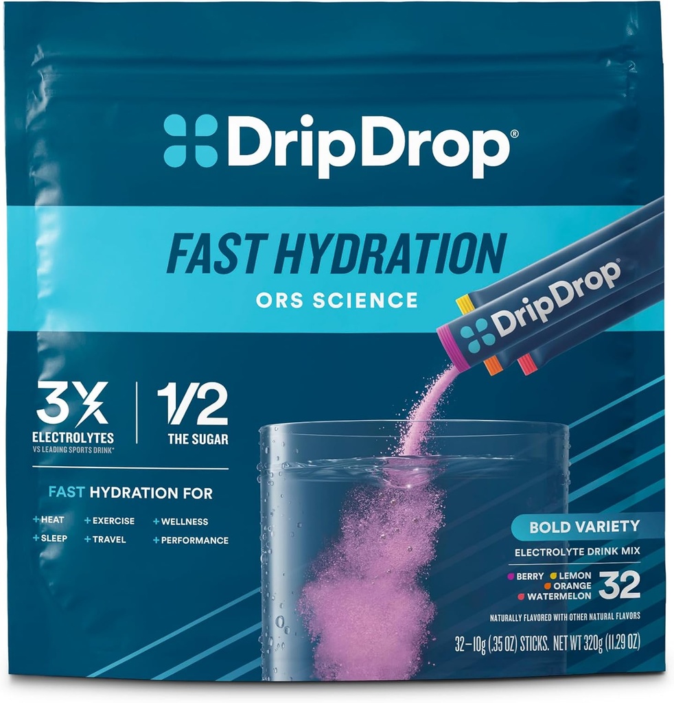 DripDrop Hydration Pakker - Fed Variety Pack - Single Serve Electrolytes Powder Mix - Watermelon, Berry, Lemon, Orange - Ikke-GMO, Gluten Free, Vegan - 32 sticks
