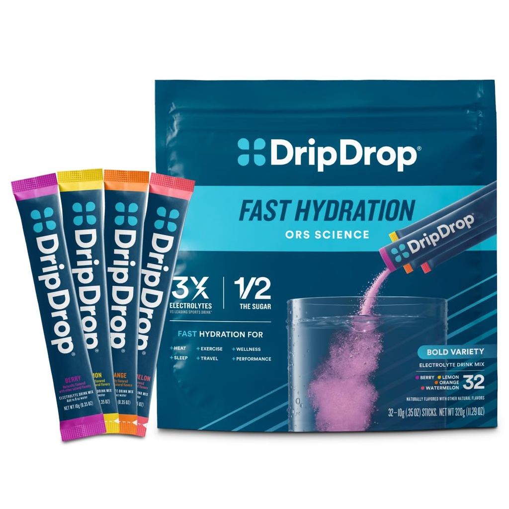 DripDrop Hydration Pakker - Fed Variety Pack - Single Serve Electrolytes Powder Mix - Watermelon, Berry, Lemon, Orange - Ikke-GMO, Gluten Free, Vegan - 32 sticks