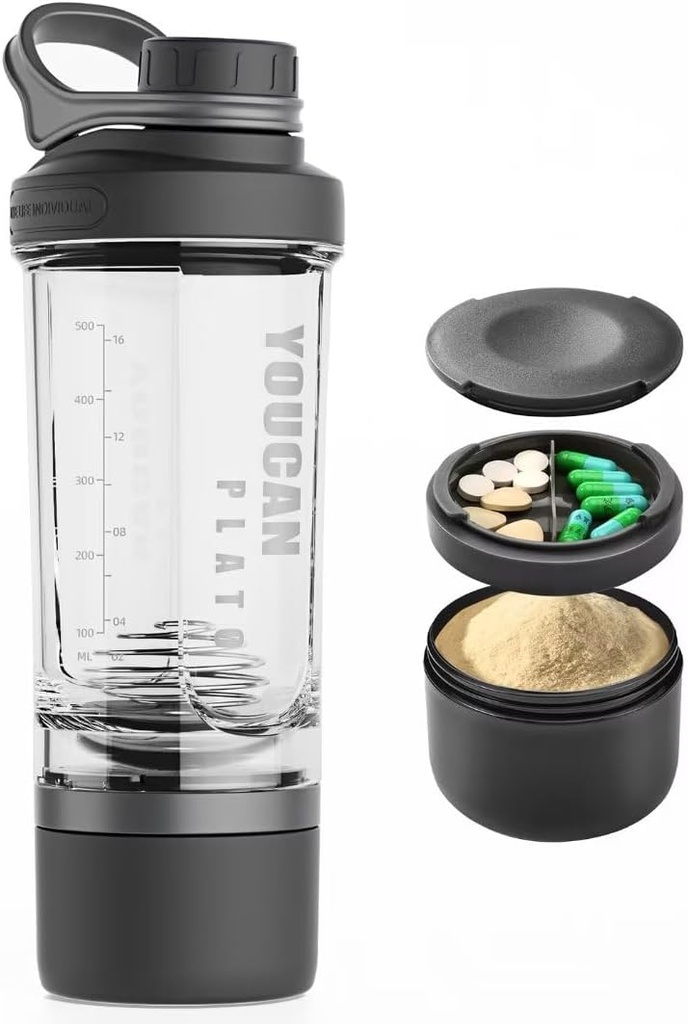 21oz Protein Shaker Flaske med Powder Storage Container- Shaker Cups til Protein-pre træning flaske-Mixer Cup-Gym Sport Vandflaske -Lavet med Tritan BPA Gratis, med Wire Whisk Balls (sort)