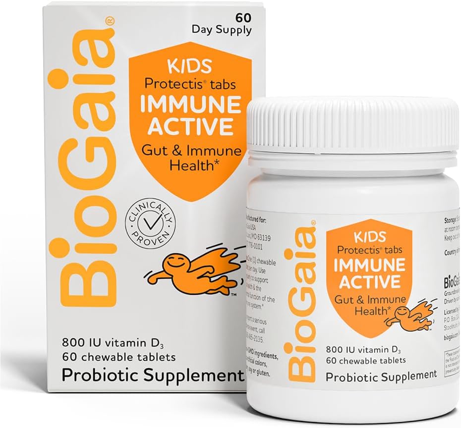 BioGaia immun Aktive børn er 124; Probiotisk + D-vitamin er 124; for fordøjelsessygdomme og immunforsvar er 124; alder 3 + 4; Allergen, Dairy, Soy & Gluten Free