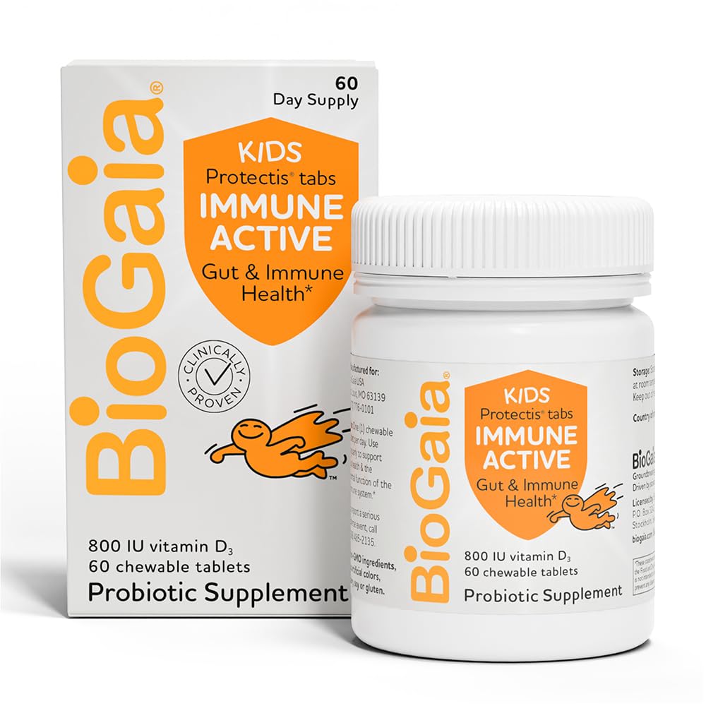 BioGaia immun Aktive børn er 124; Probiotisk + D-vitamin er 124; for fordøjelsessygdomme og immunforsvar er 124; alder 3 + 4; Allergen, Dairy, Soy & Gluten Free
