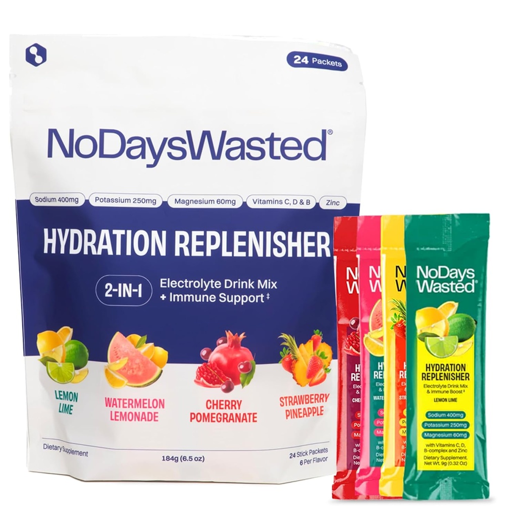 No Days Wasted Hydration Replenisher Electrolyte Erstatning Stick Packets ttesmå 124; Essential Rapid Hydration & Vitamins Medical 124; Natrium, Kalium, Magnesium, Vitaminer B, C, D, Zink Medical Pack