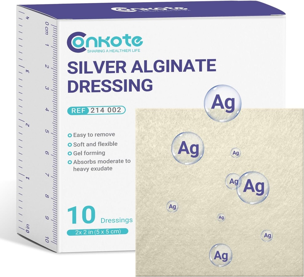 Conkate Sølv Alginate Sår Klædning Pads 2 "x 2", 10 Pack, Non- Stick polstring Ag Patches, Meget Absorbent til Tryksår, Seng Sore og Diabetic Foot Ulcer