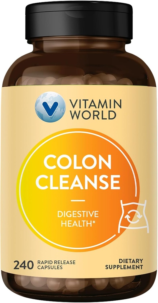 Vitamin World Colon Cleanse - 240 kapsler, Gut Detox med Psyllium Husk, Senna, Probiotika, Kostfibre & Herbal Blend - Understøtter Forstoppelse Relief, fordøjelsesmæssig sundhed & regelmæssighed, Gluten- fri