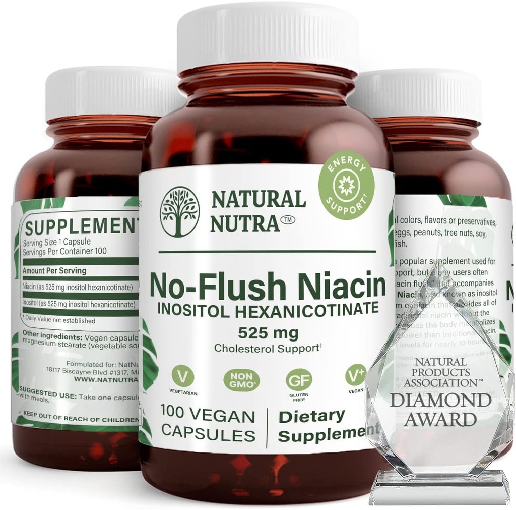 Naturlig Nutra Ingen Flush Niacin, vitamin B3 tillæg, Hjælper Forbedre hjerte-kar-sundhed, Hjælper Forbedre hud tekstur, fremmer bedre hjernefunktion, Hjælper Boost Energy Level 525 mg, 100 kapsler